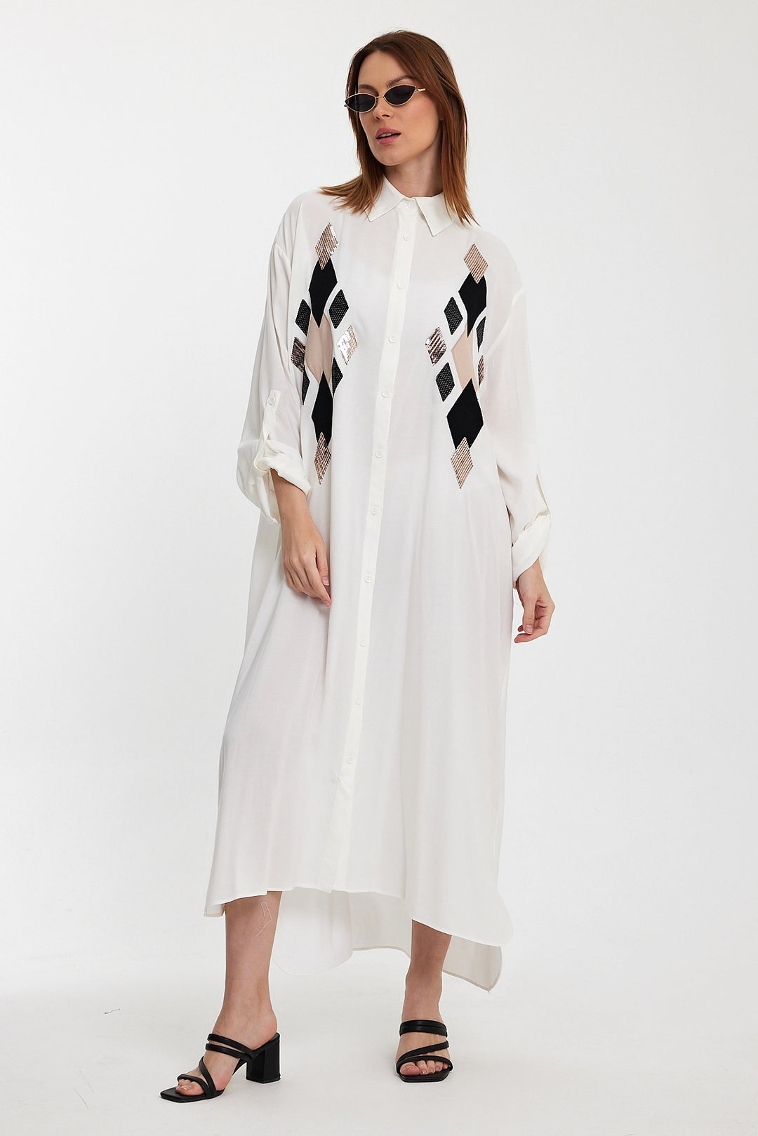 Maxi Boy White Sequined Long Woven Shirt Dress BCVL-24943 - Bornheim
