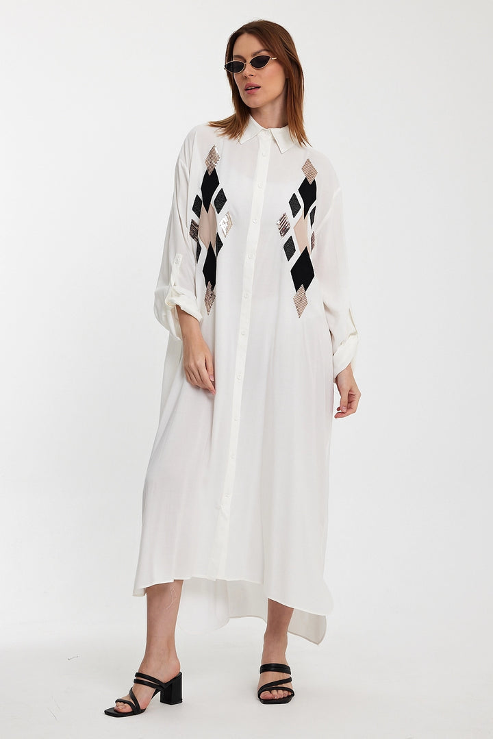 Maxi Boy White Sequined Long Woven Shirt Dress BCVL-24943 - Bornheim