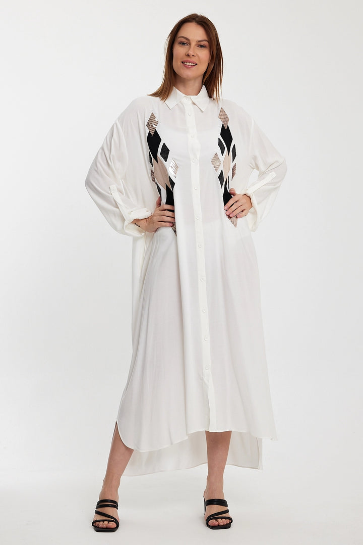 Maxi Boy White Sequined Long Woven Shirt Dress BCVL-24943 - Bornheim