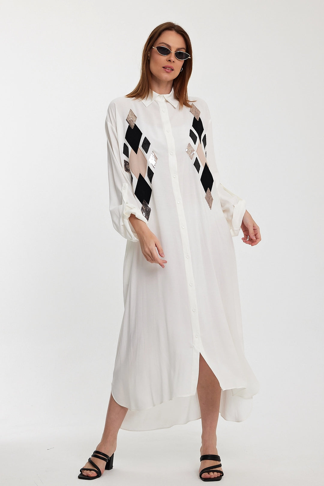 Maxi Boy White Sequined Long Woven Shirt Dress BCVL-24943 - Bornheim