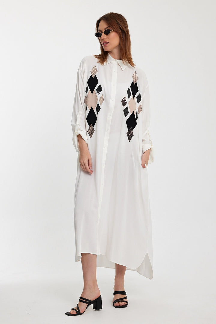 Maxi Boy White Sequined Long Woven Shirt Dress BCVL-24943 - Bornheim
