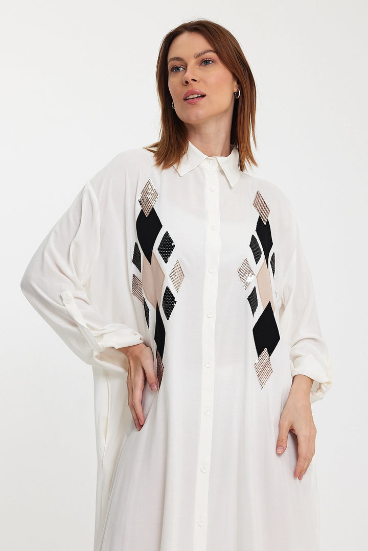 Maxi Boy White Sequined Long Woven Shirt Dress BCVL-24943 - Bornheim