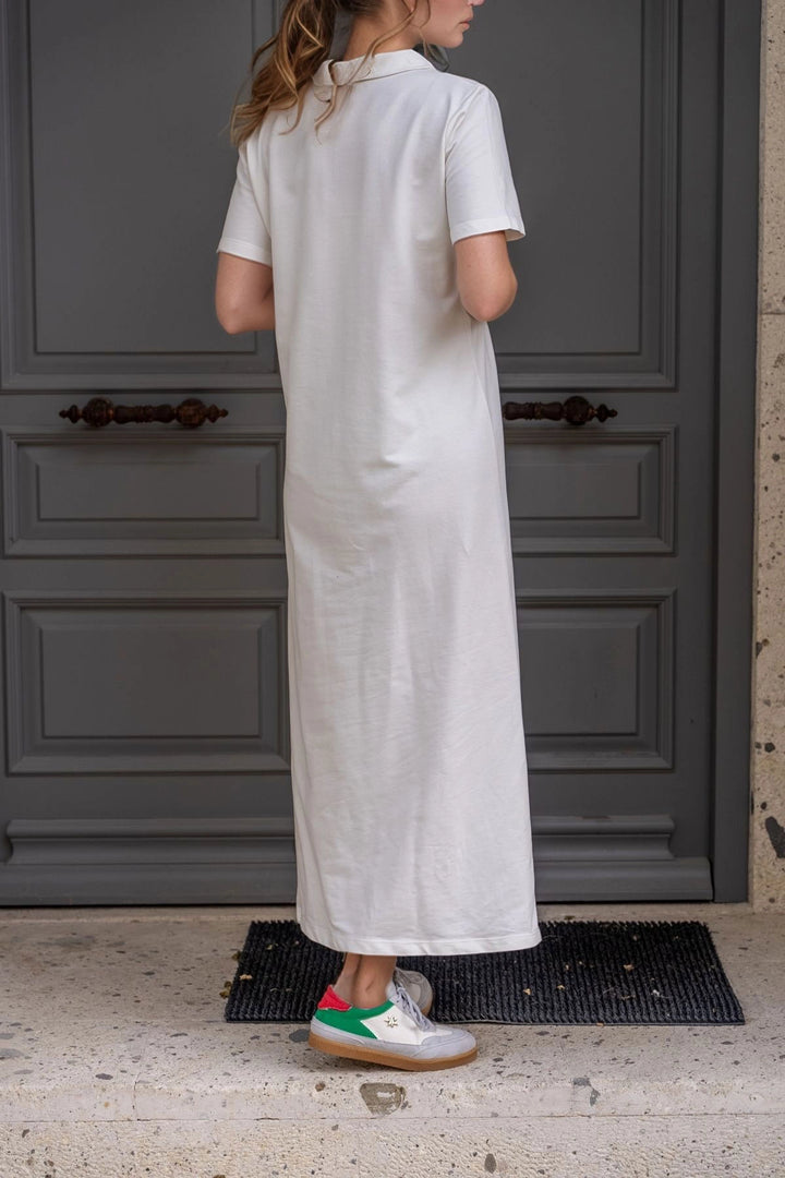 White Polo Neck Side Slit Long Dress BCBSK-25700-3525 - Acambay