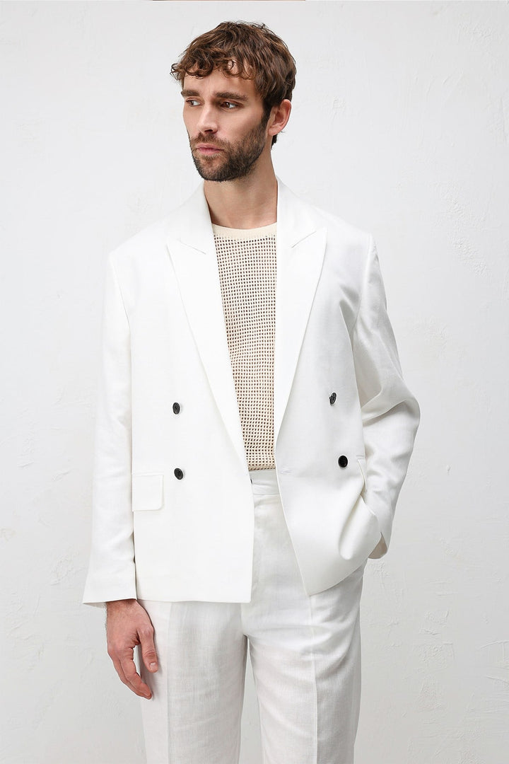 ANT Antioch Beyaz Relax Fit Keten Karışımlı Erkek Blazer Ceket - Penafiel