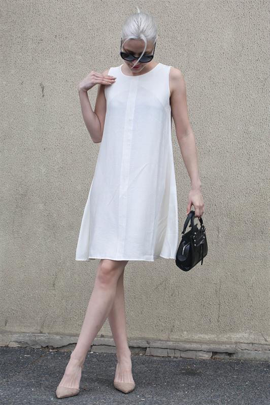 MDX White Zero Collar Loose Linen Dress MG1831 - Hoddesdon
