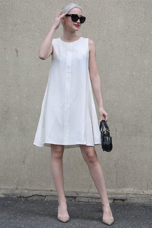 MDX White Zero Collar Loose Linen Dress MG1831 - Hoddesdon
