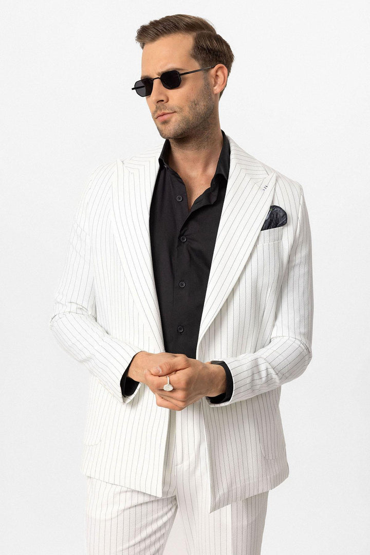 ANT Antioch White Single Button Double Breasted Striped Men's Blazer Jacket - Wermelskirchen