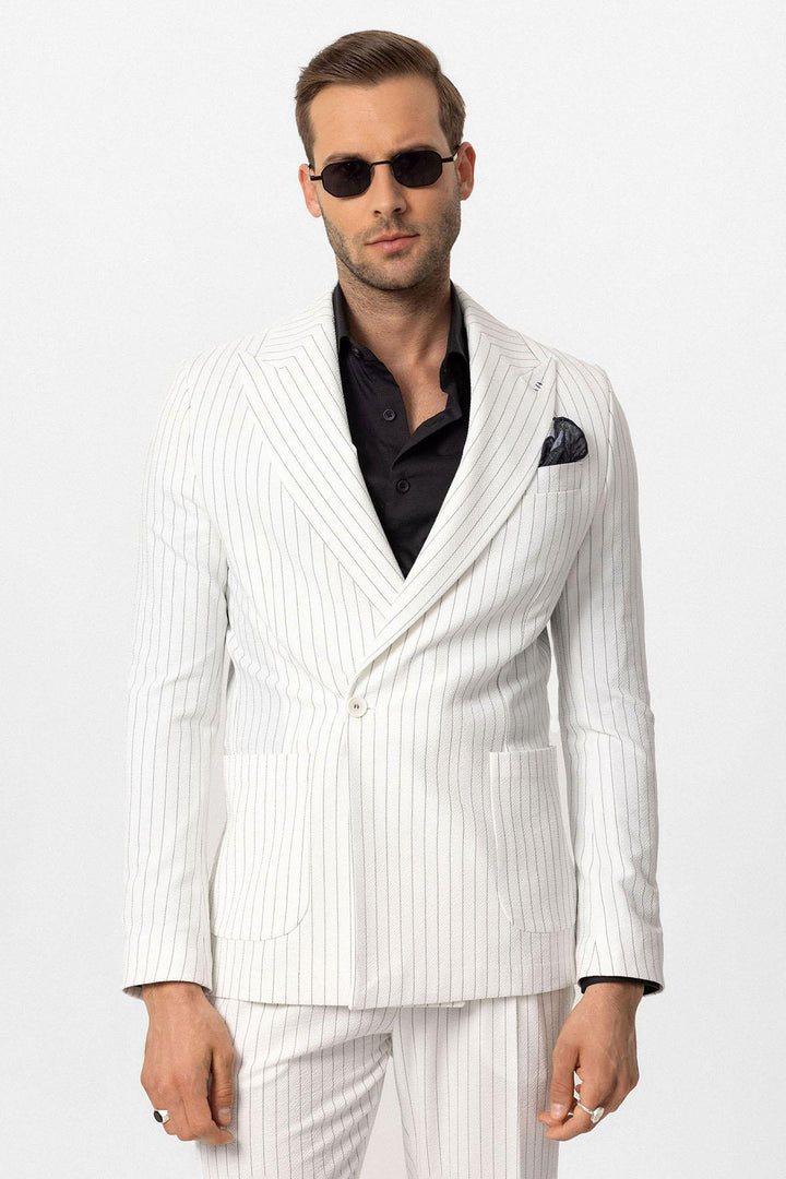 ANT Antioch White Single Button Double Breasted Striped Men's Blazer Jacket - Wermelskirchen