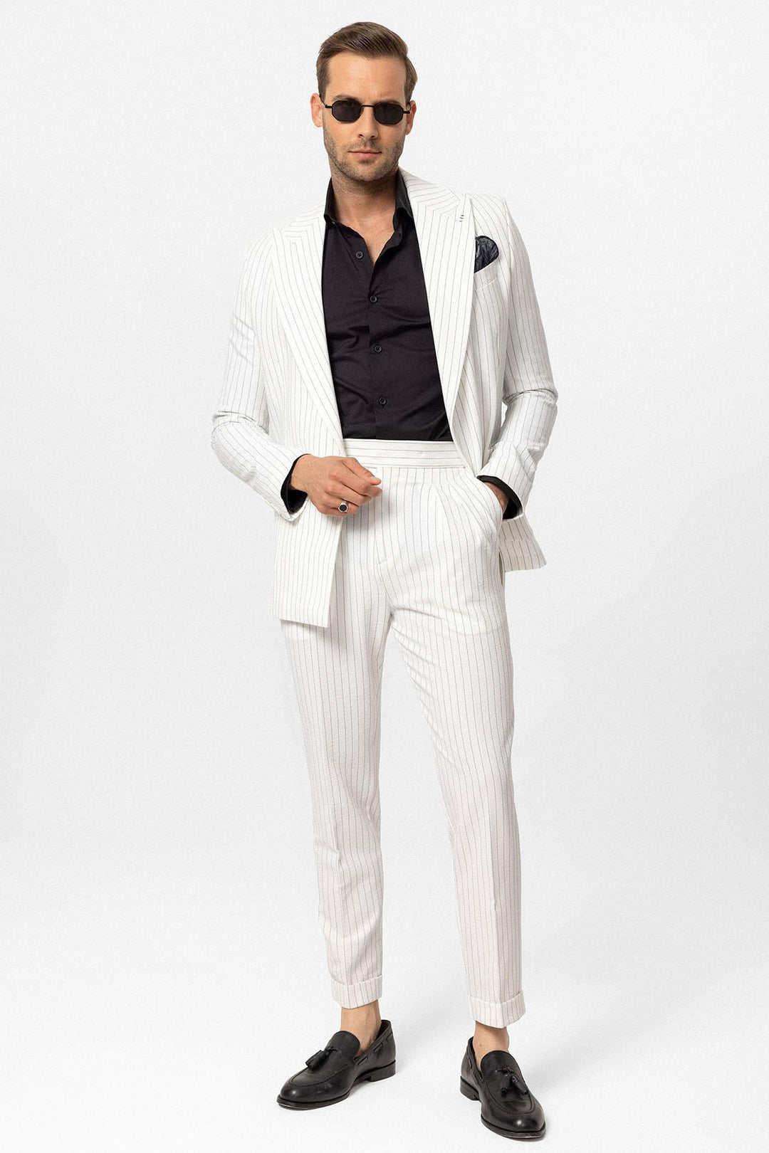 ANT Antioch White Single Button Double Breasted Striped Men's Blazer Jacket - Wermelskirchen