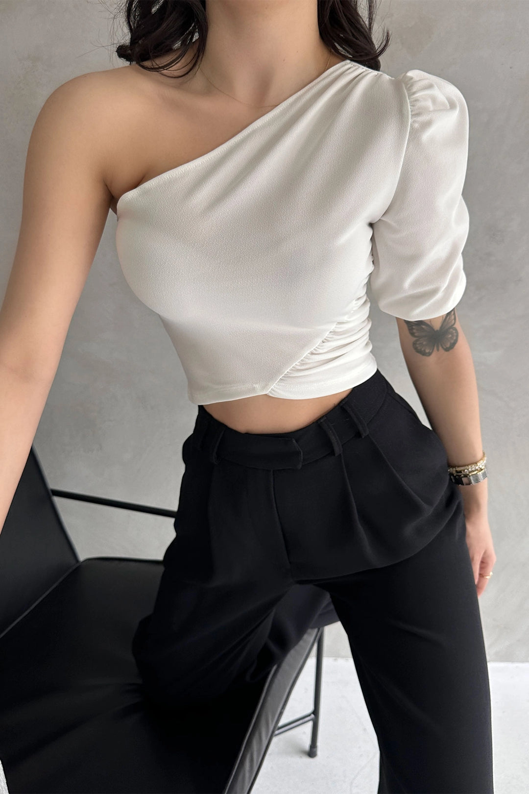 White One Shoulder Princess Sleeve Crepe Blouse BCDF-252159 - Sterling Heights