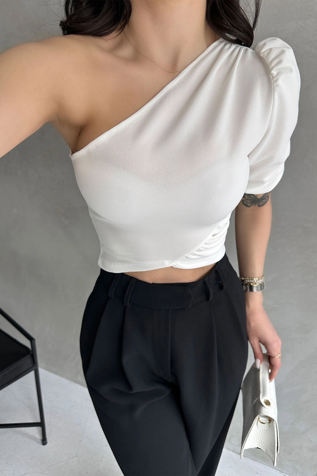 White One Shoulder Princess Sleeve Crepe Blouse BCDF-252159 - Sterling Heights