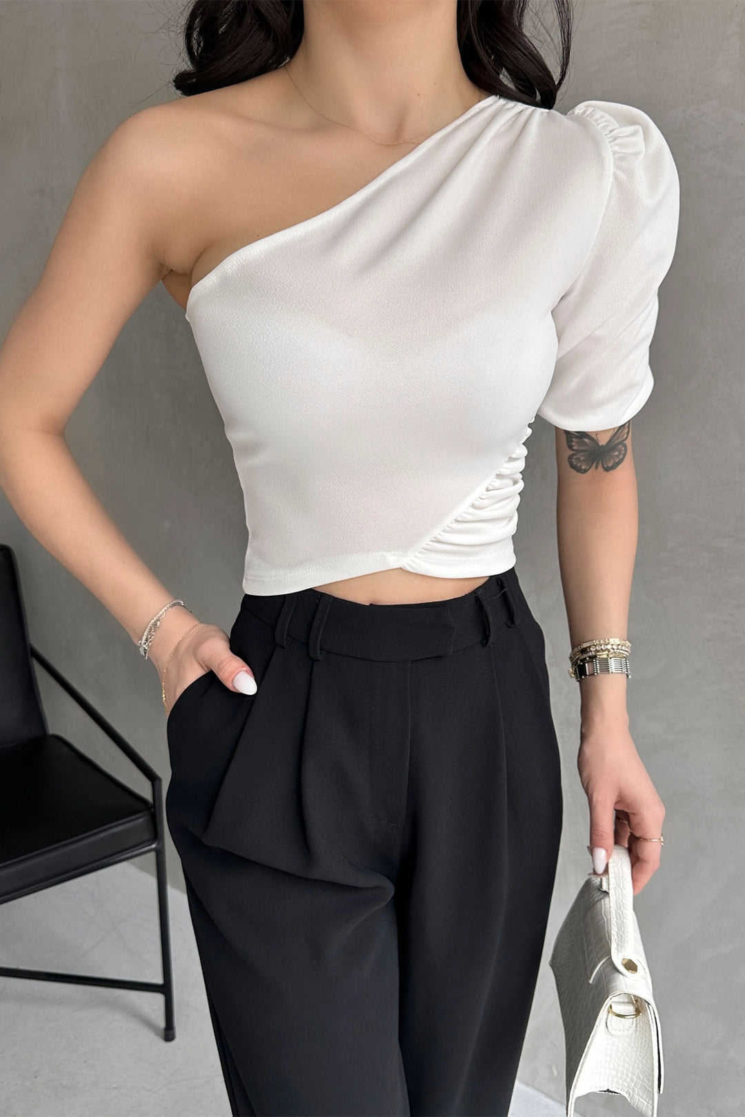 White One Shoulder Princess Sleeve Crepe Blouse BCDF-252159 - Sterling Heights