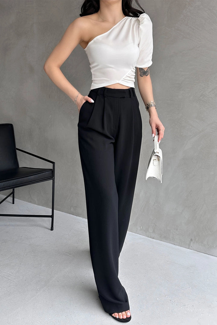 White One Shoulder Princess Sleeve Crepe Blouse BCDF-252159 - Sterling Heights