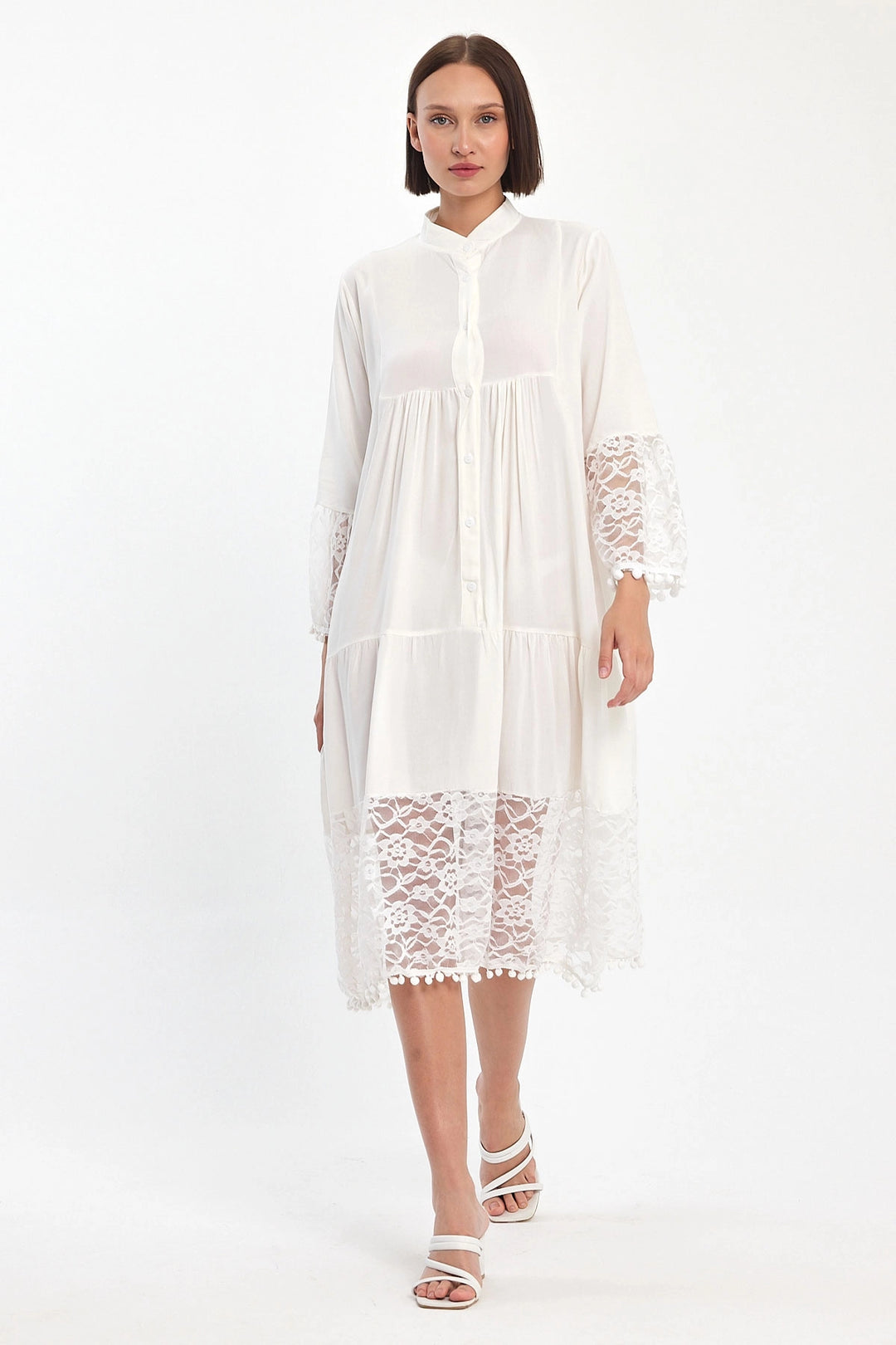 Maxi Boy White Tulle Detailed Long Length Woven Viscose Dress BCVL-25983 - Witten