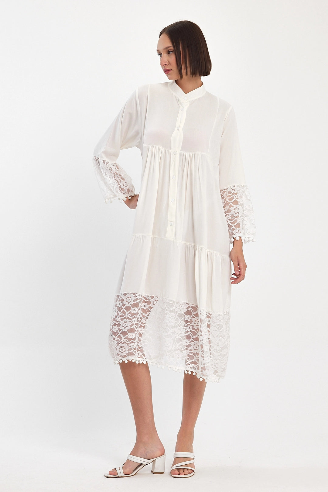 Maxi Boy White Tulle Detailed Long Length Woven Viscose Dress BCVL-25983 - Witten