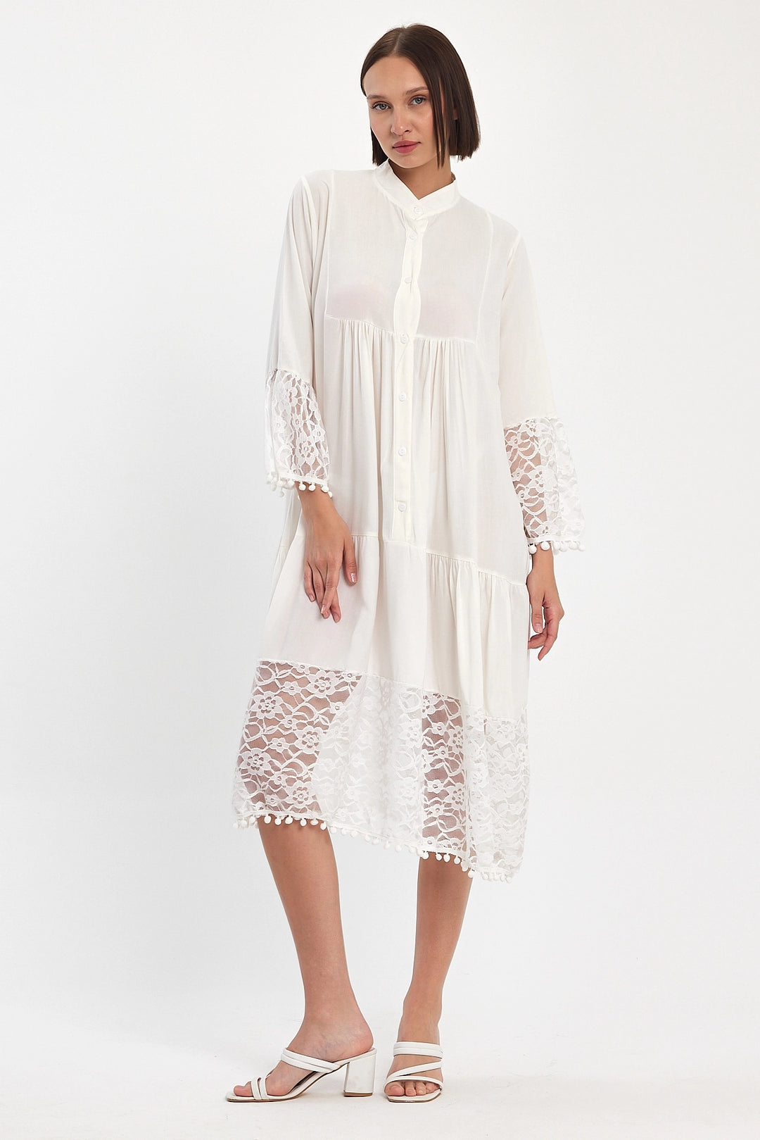 Maxi Boy White Tulle Detailed Long Length Woven Viscose Dress BCVL-25983 - Witten
