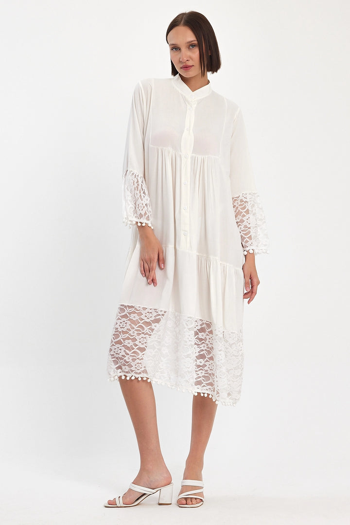 Maxi Boy White Tulle Detailed Long Length Woven Viscose Dress BCVL-25983 - Witten