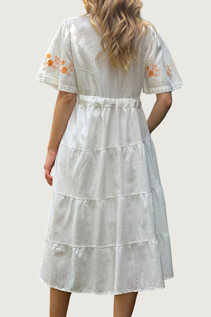 White V-Neck Waist Gathered Embroidered Lined Midi Woven Dress BCHESQ-251050 - Cranbourne