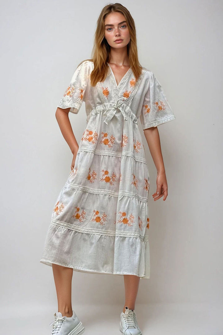 White V-Neck Waist Gathered Embroidered Lined Midi Woven Dress BCHESQ-251050 - Cranbourne