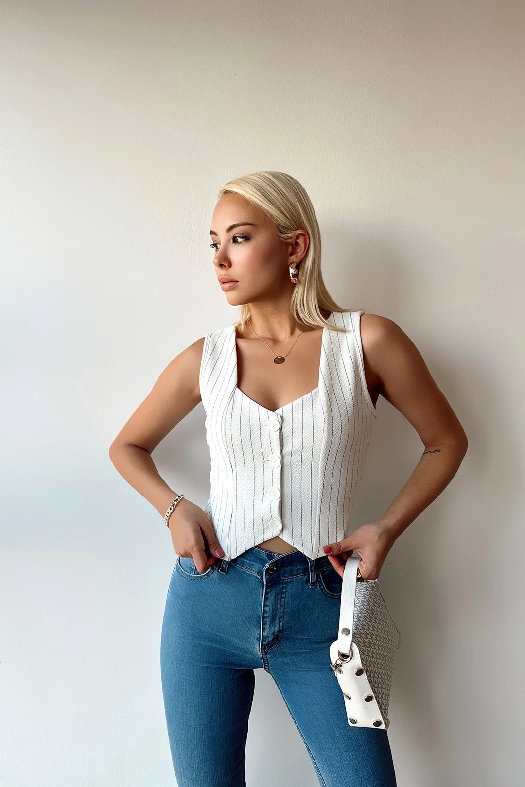 White V Neck Buttoned Striped Crop Vest BCTL-233395 - Enid