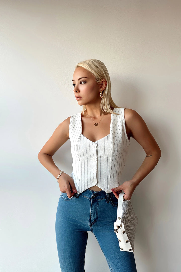 White V Neck Buttoned Striped Crop Vest BCTL-233395 - Enid