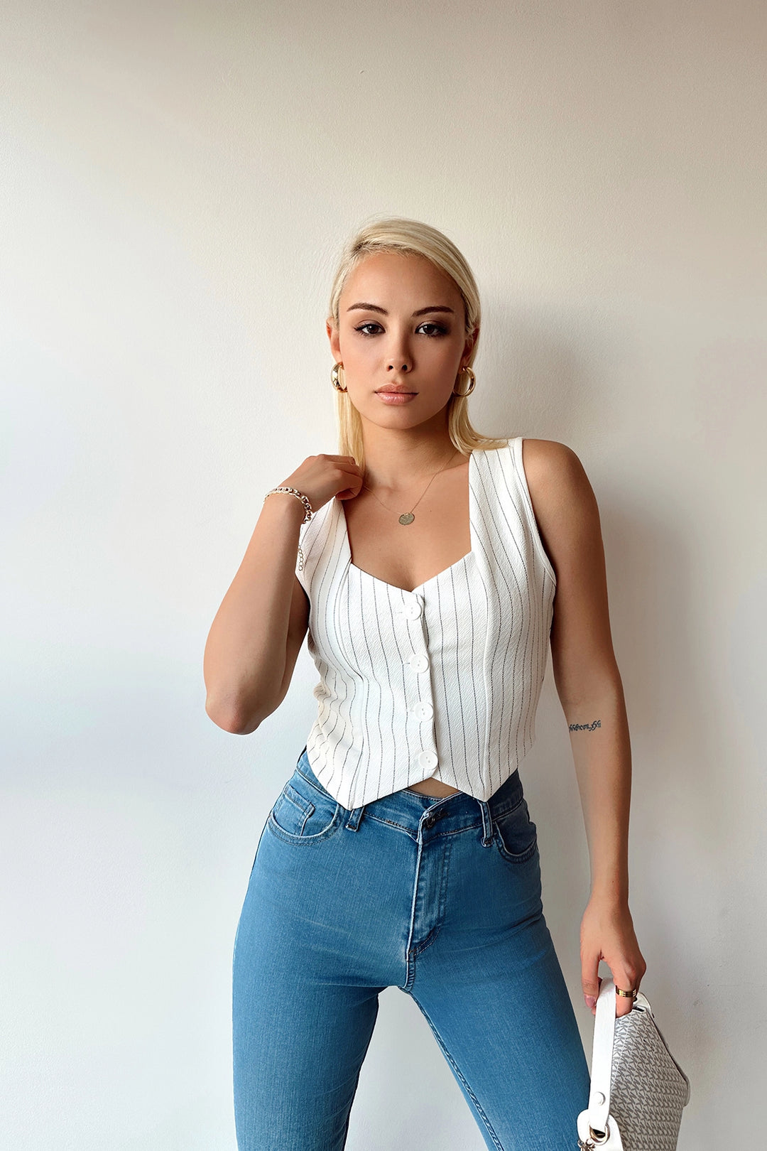 White V Neck Buttoned Striped Crop Vest BCTL-233395 - Enid