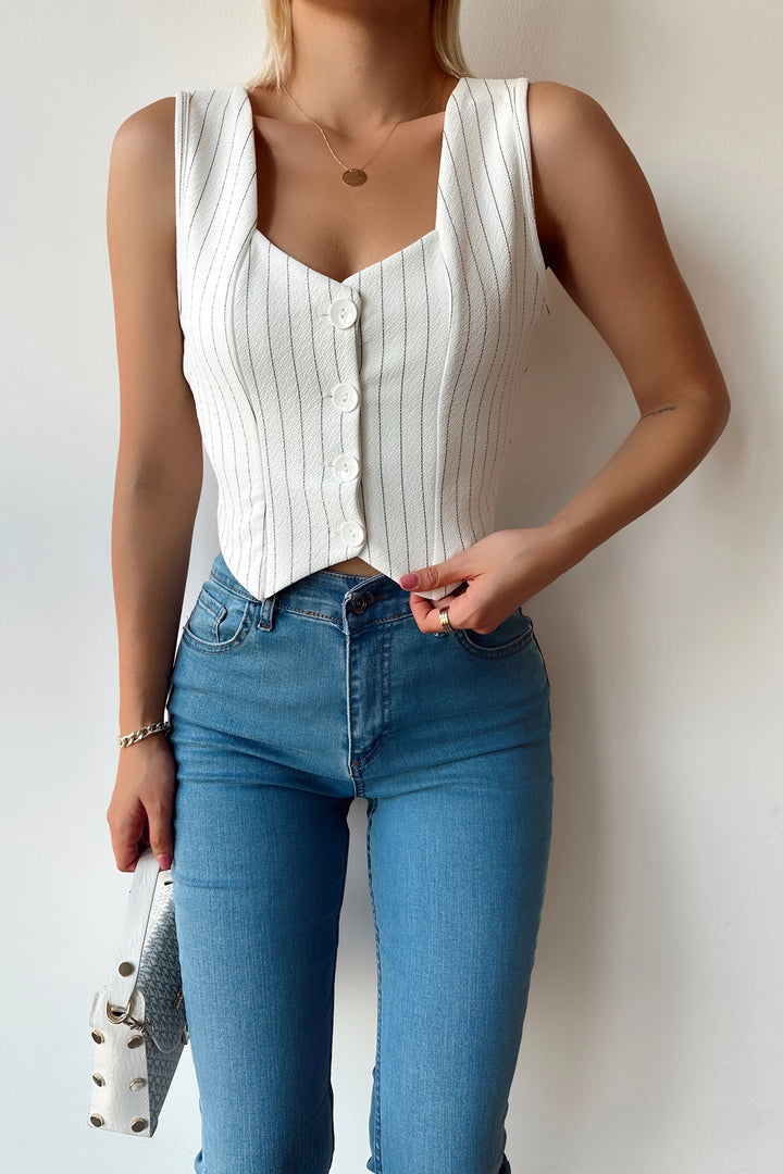 White V Neck Buttoned Striped Crop Vest BCTL-233395 - Enid