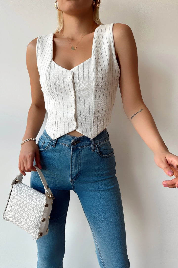White V Neck Buttoned Striped Crop Vest BCTL-233395 - Enid