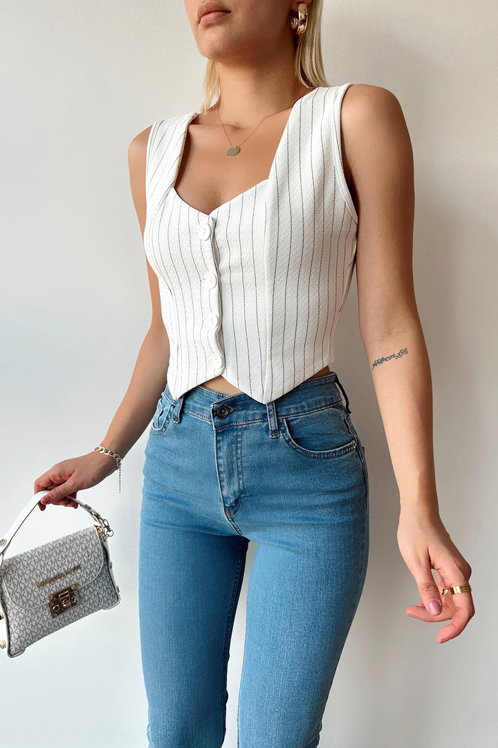 White V Neck Buttoned Striped Crop Vest BCTL-233395 - Enid