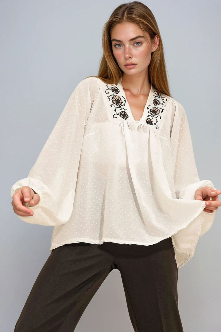 White V-Neck Embroidered Textured Blouse BCHESQ-251015 - Derby