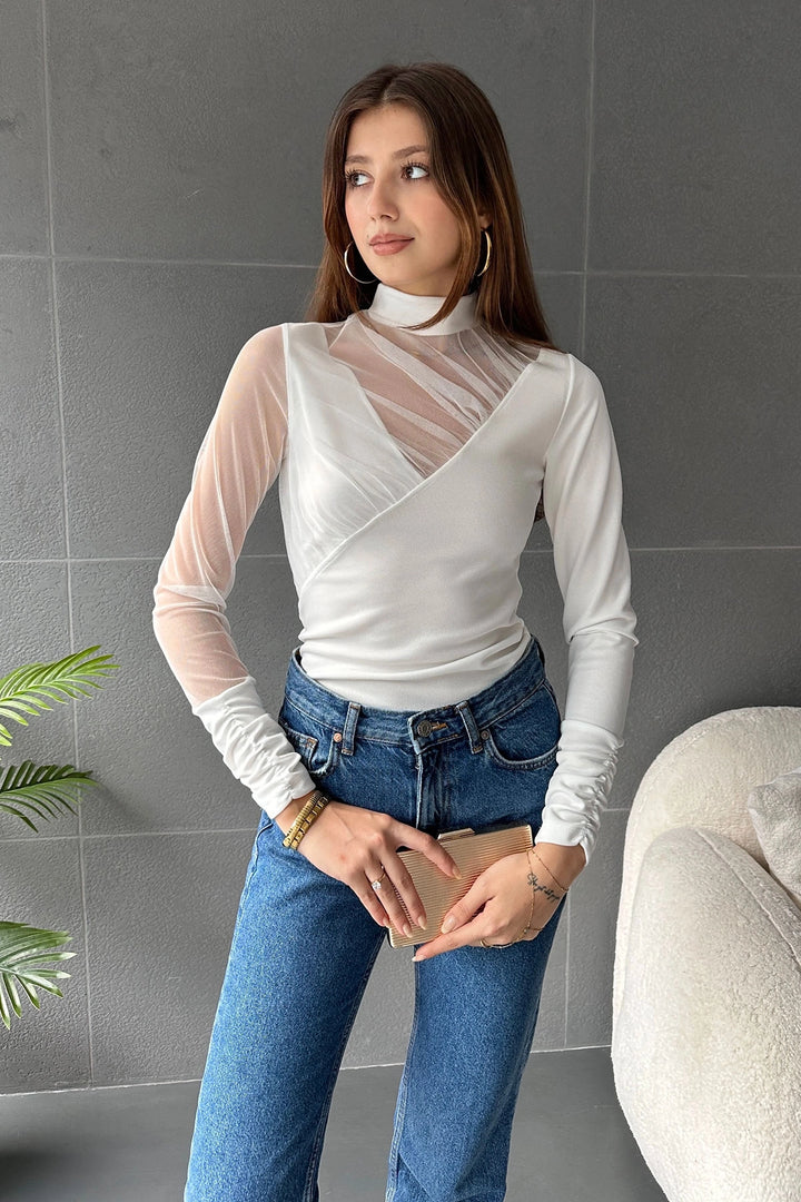 White Half Fisherman Tulle Detailed Blouse BCDF-241099 - Matehuala