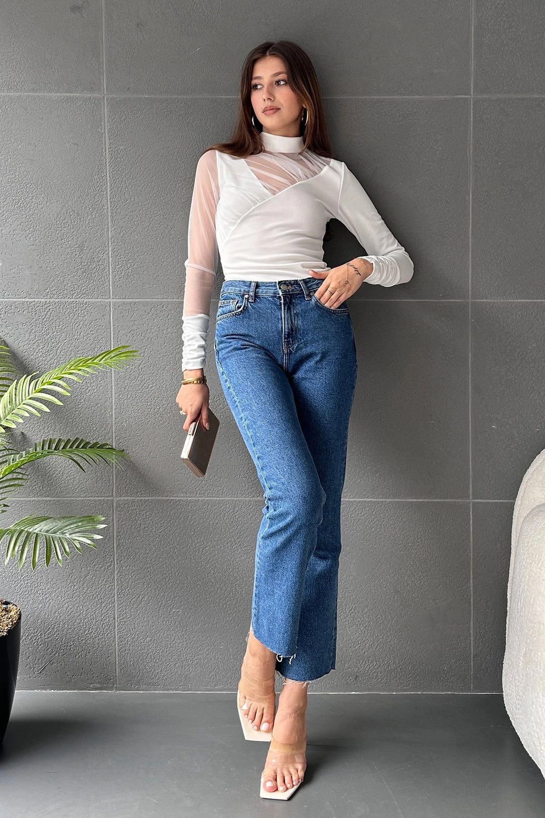 White Half Fisherman Tulle Detailed Blouse BCDF-241099 - Matehuala