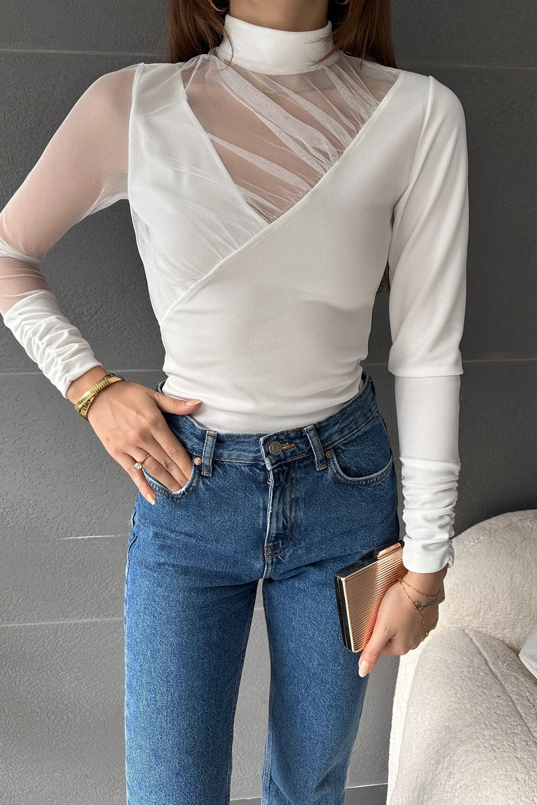 White Half Fisherman Tulle Detailed Blouse BCDF-241099 - Matehuala