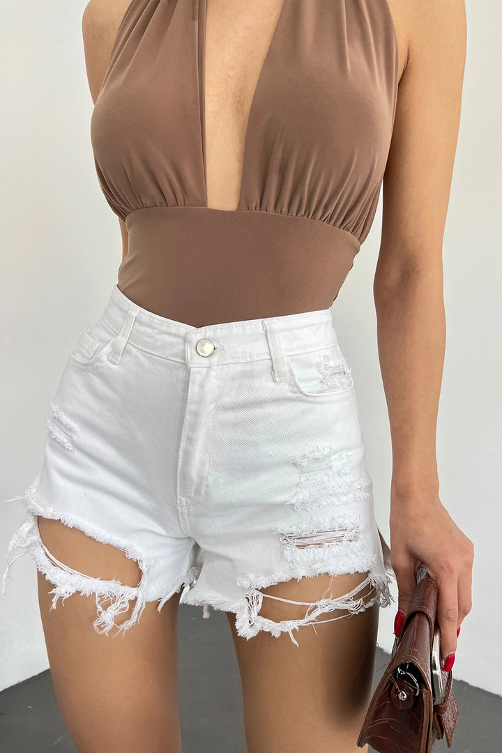 White Washed Laser Cut Mini Denim Shorts BCDF-233301 - Ilkeston
