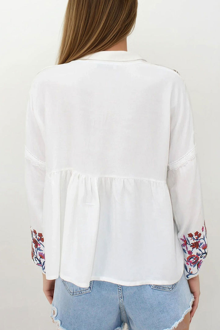 White Split Collar Embroidered Blouse BCHESQ-251147 - Bellingham