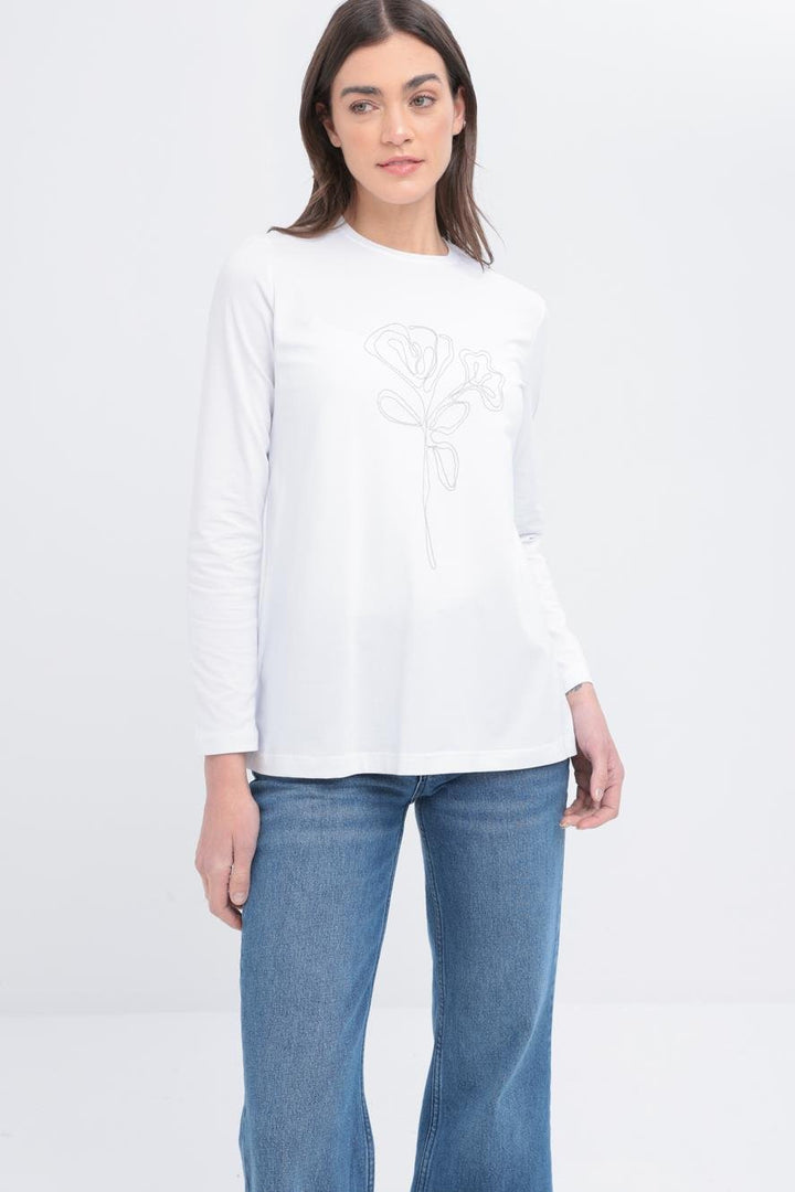 TLD Women Allday White Long Sleeve Embroidered Detail Supreme T-shirt - Union