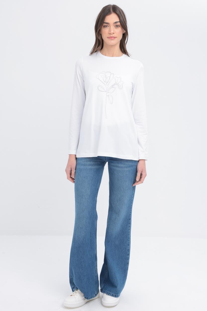 TLD Women Allday White Long Sleeve Embroidered Detail Supreme T-shirt - Union