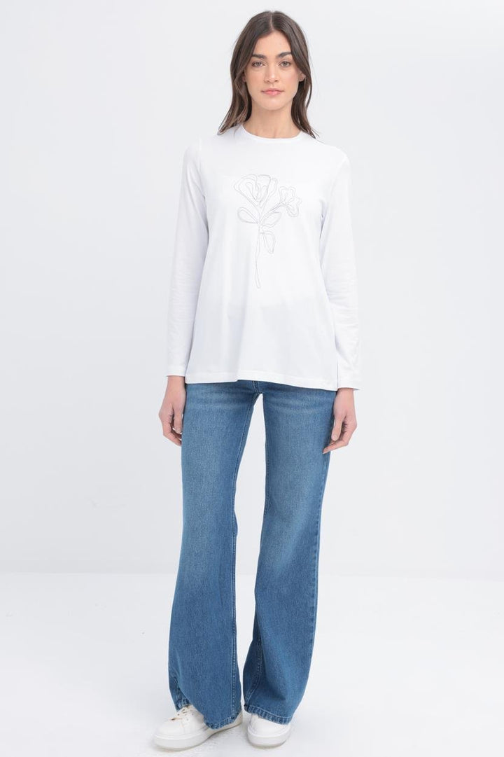 TLD Women Allday White Long Sleeve Embroidered Detail Supreme T-shirt - Union