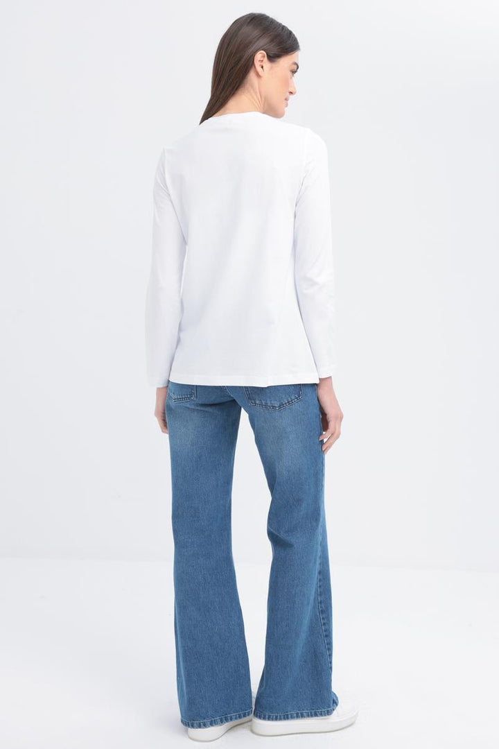 TLD Women Allday White Long Sleeve Embroidered Detail Supreme T-shirt - Union