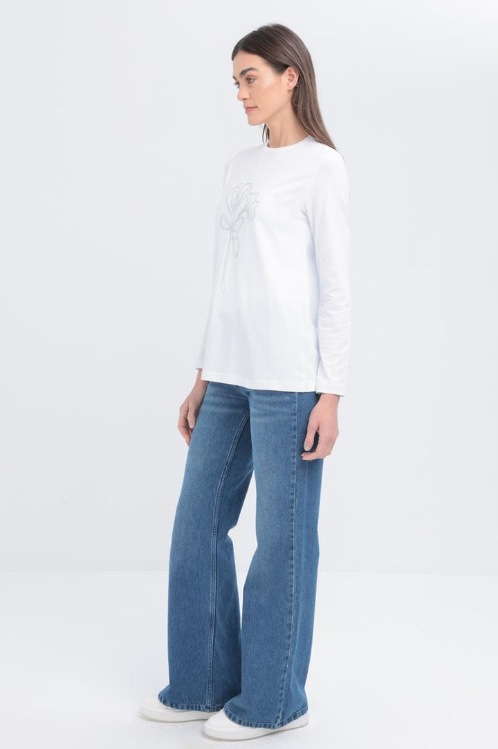 TLD Women Allday White Long Sleeve Embroidered Detail Supreme T-shirt - Union