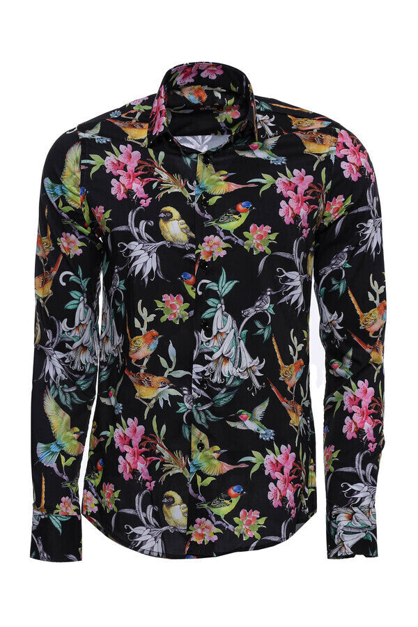 WSS Birds And Flowers Patterned Slim Fit Long Sleeves Black Men Shirt  - Caerdydd