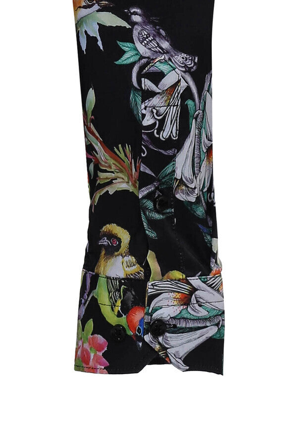 WSS Birds And Flowers Patterned Slim Fit Long Sleeves Black Men Shirt  - Caerdydd