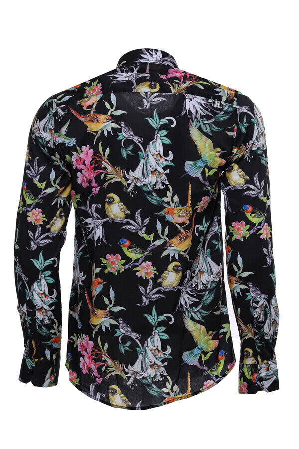 WSS Birds And Flowers Patterned Slim Fit Long Sleeves Black Men Shirt  - Caerdydd