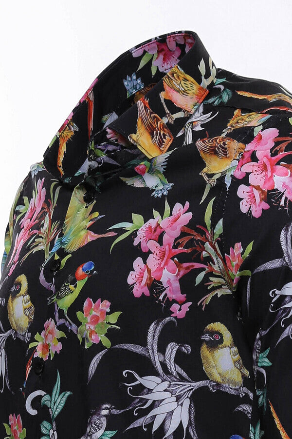 WSS Birds And Flowers Patterned Slim Fit Long Sleeves Black Men Shirt  - Caerdydd