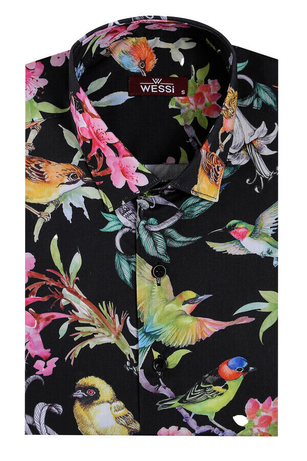 WSS Birds And Flowers Patterned Slim Fit Long Sleeves Black Men Shirt  - Caerdydd