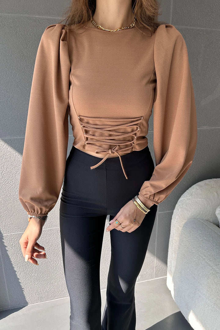 Biscuit Balloon Sleeve Lace-Up Detail Cropped Blouse BCDF-242113 - Phenix City