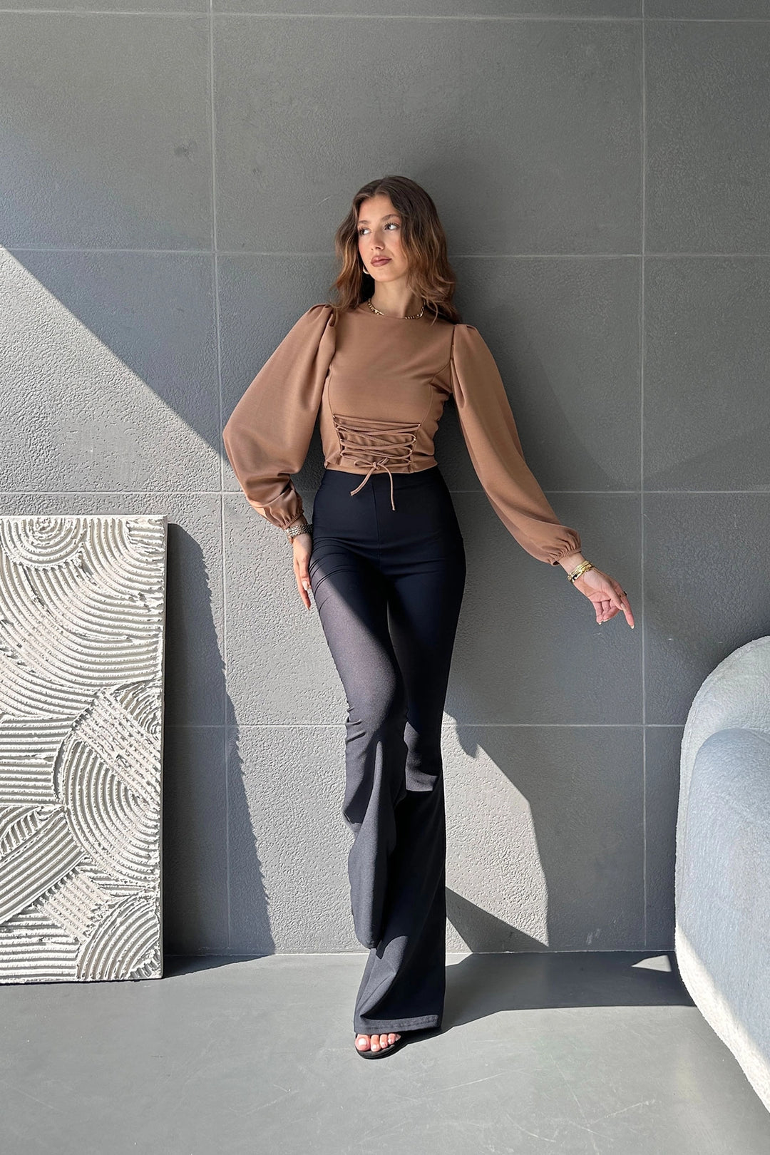 Biscuit Balloon Sleeve Lace-Up Detail Cropped Blouse BCDF-242113 - Phenix City
