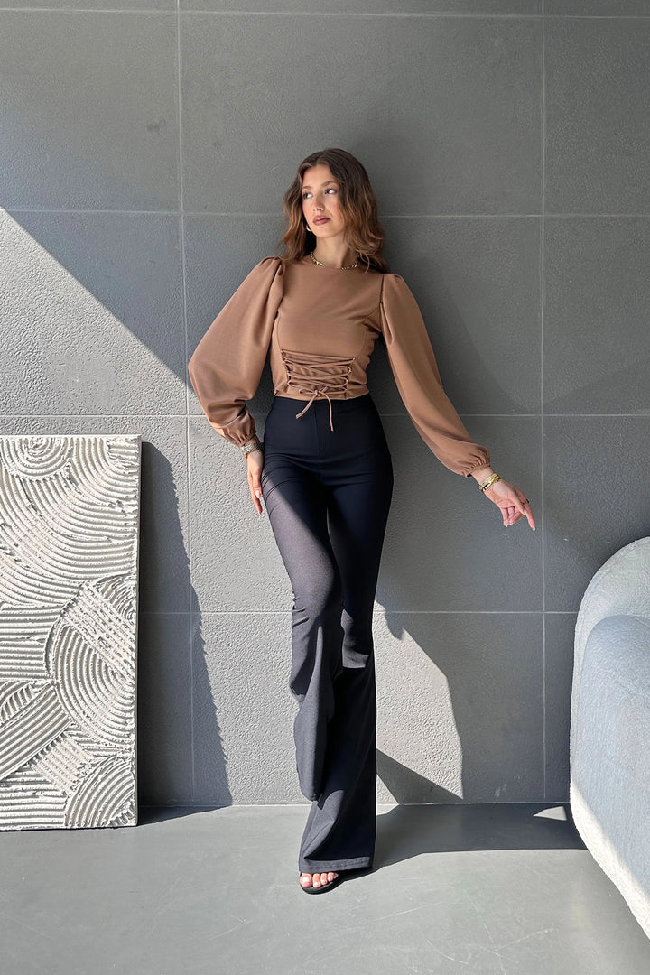 Biscuit Balloon Sleeve Lace-Up Detail Cropped Blouse BCDF-242113 - Phenix City