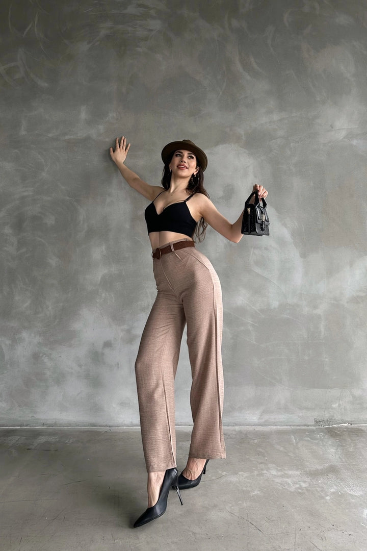 Biscuit High-Waisted Linen Trousers BCDF-241103 - Anzio