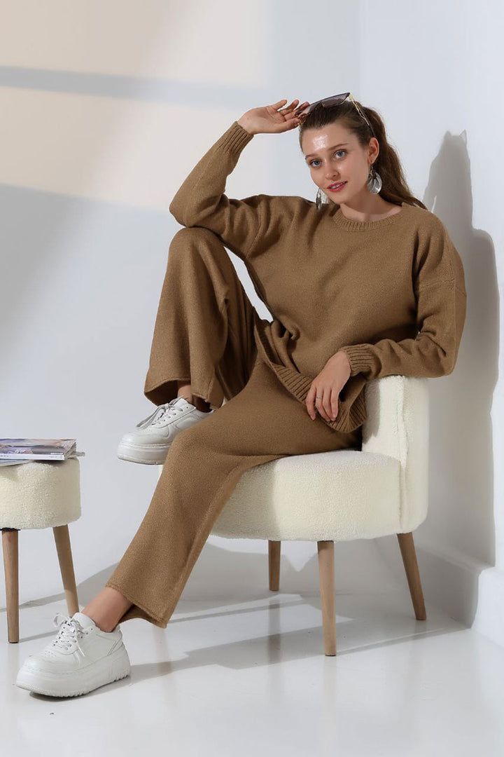 Biscuit Bicycle Collar Sweater and Wide Leg Pants Top Bottom Knit Set BCES-252005 - Garland